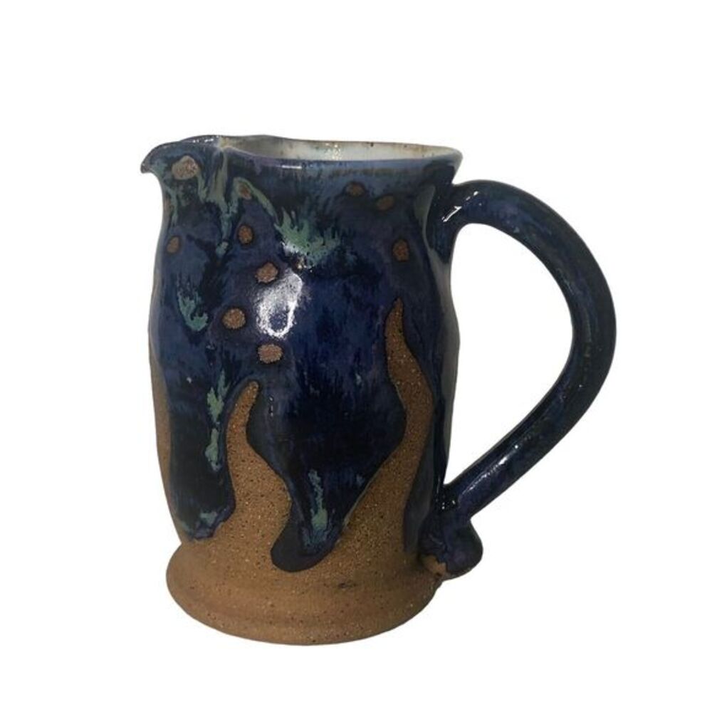 On The Cusp Pottery Handmade Pitcher Blue Drip Glaze Studio Art Pottery‎ Jug